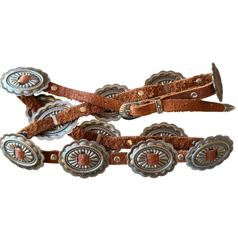 Vintage Style Brown Leather Concho Belt Silver Tone Western Southwestern Boho